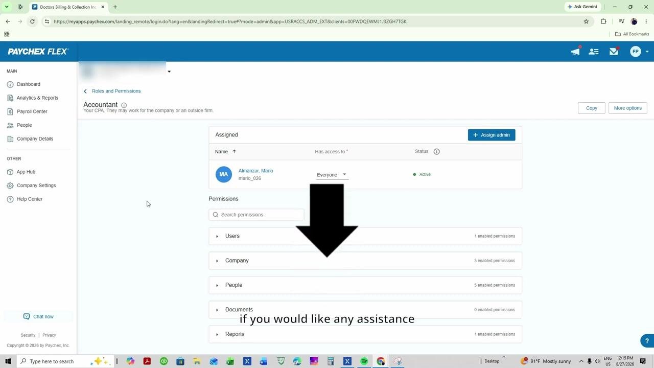 Assigned user listed under Accountant role with active status and enabled permissions summary
