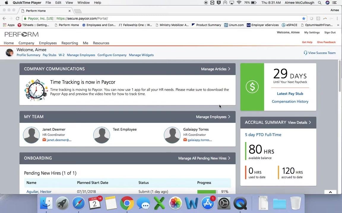 Paycor dashboard after login, showing company announcements, team members, onboarding, accrual summary, and the navigation menu