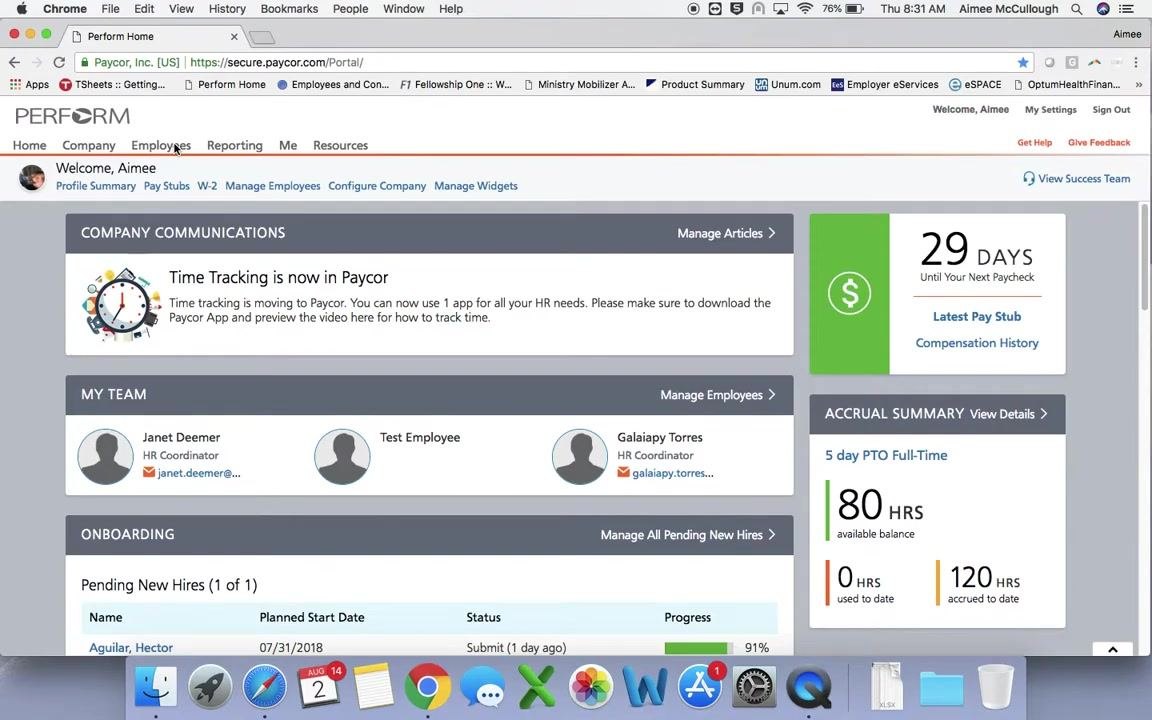 Cursor hovering over the Employees menu on the Paycor dashboard, about to open the time dashboard