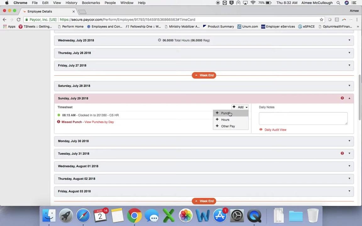 Expanded day details showing the missed punch entry and the Add Punch dropdown menu
