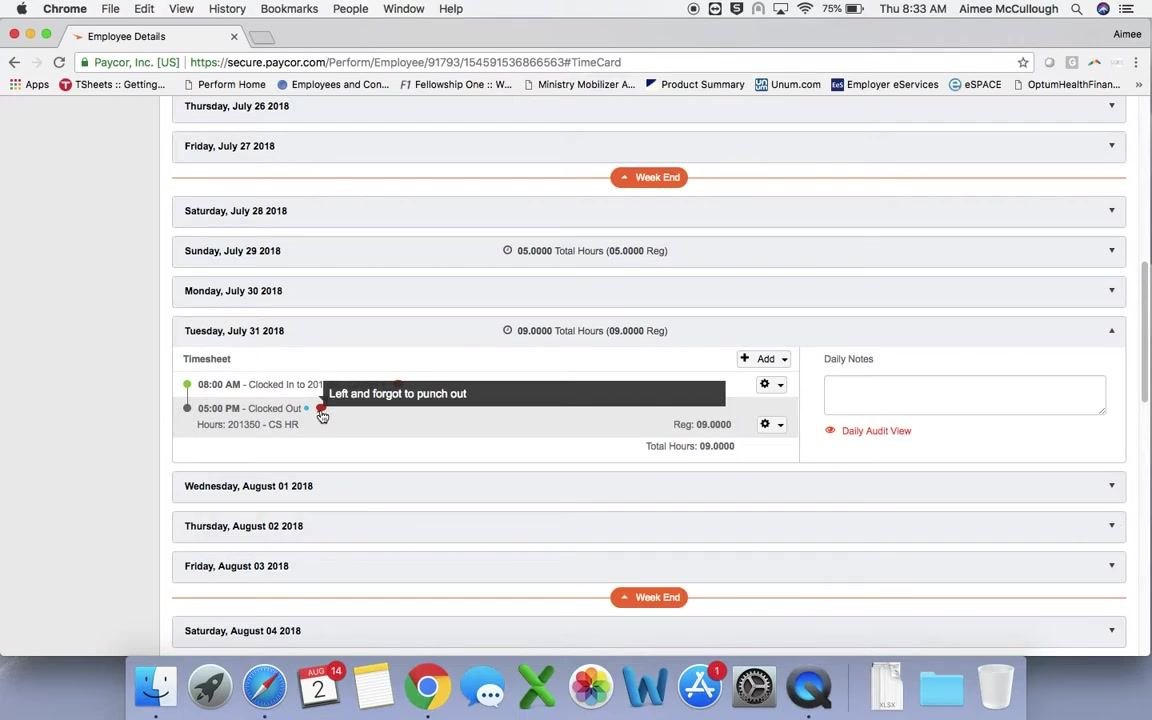 Timesheet showing orange bubbles with employee notes for missed punches, and the daily notes panel on the right