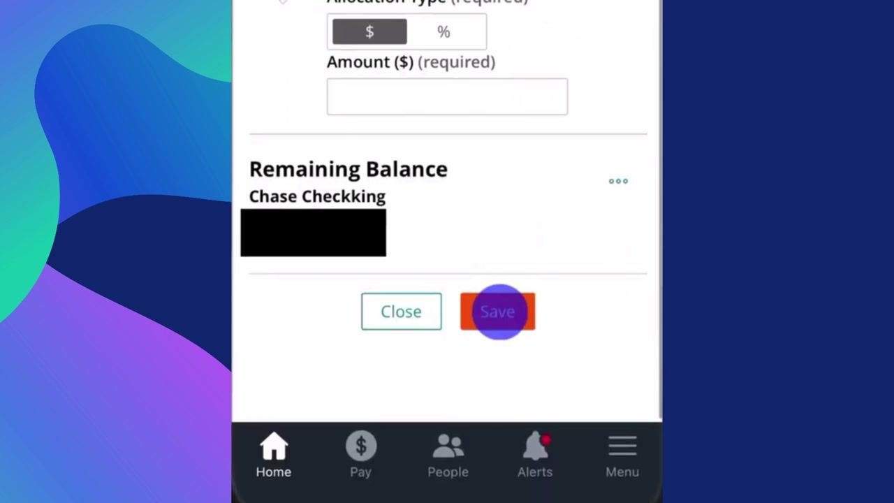 Direct deposit setup screen showing allocation type, amount entry, remaining balance account, and the highlighted Save button.