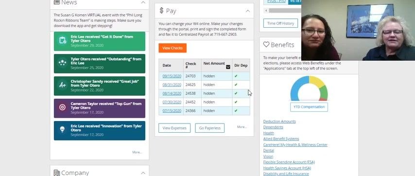 Employee Self Service Portal dashboard showing sections for Tasks To Complete, Time Entry, Time Off, Pay, News, and Benefits, with a video call window visible in the upper right corner.