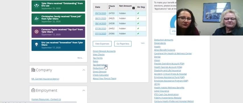 Cursor hovering over the Tax Exemptions link within the Pay section.