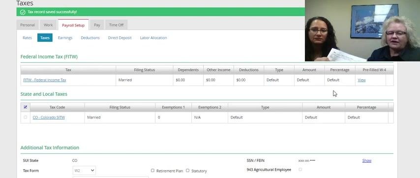 Taxes summary screen with payroll staff visible in a video window, one holding a signed W-4 form, discussing instructions for scanning and emailing the document.