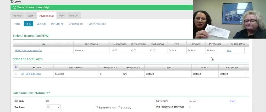 Taxes summary screen with payroll staff, one holding a W-4 form, alongside a reminder to shred unused documents.