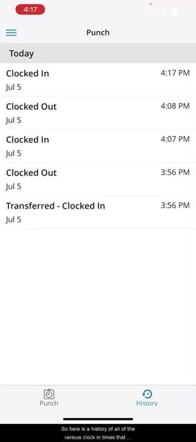 History screen listing today's clock-in, clock-out, and transfer punches with times and dates