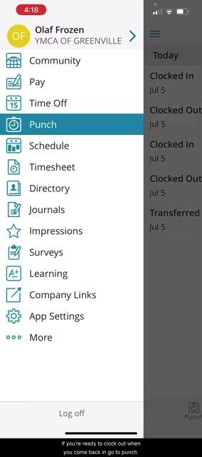 Detailed punch history screen showing date, cost center, time, latitude, and longitude for a selected punch