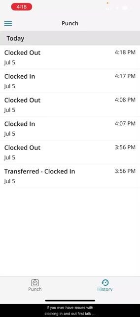History screen showing the list of punches, used to check your punch history for accuracy
