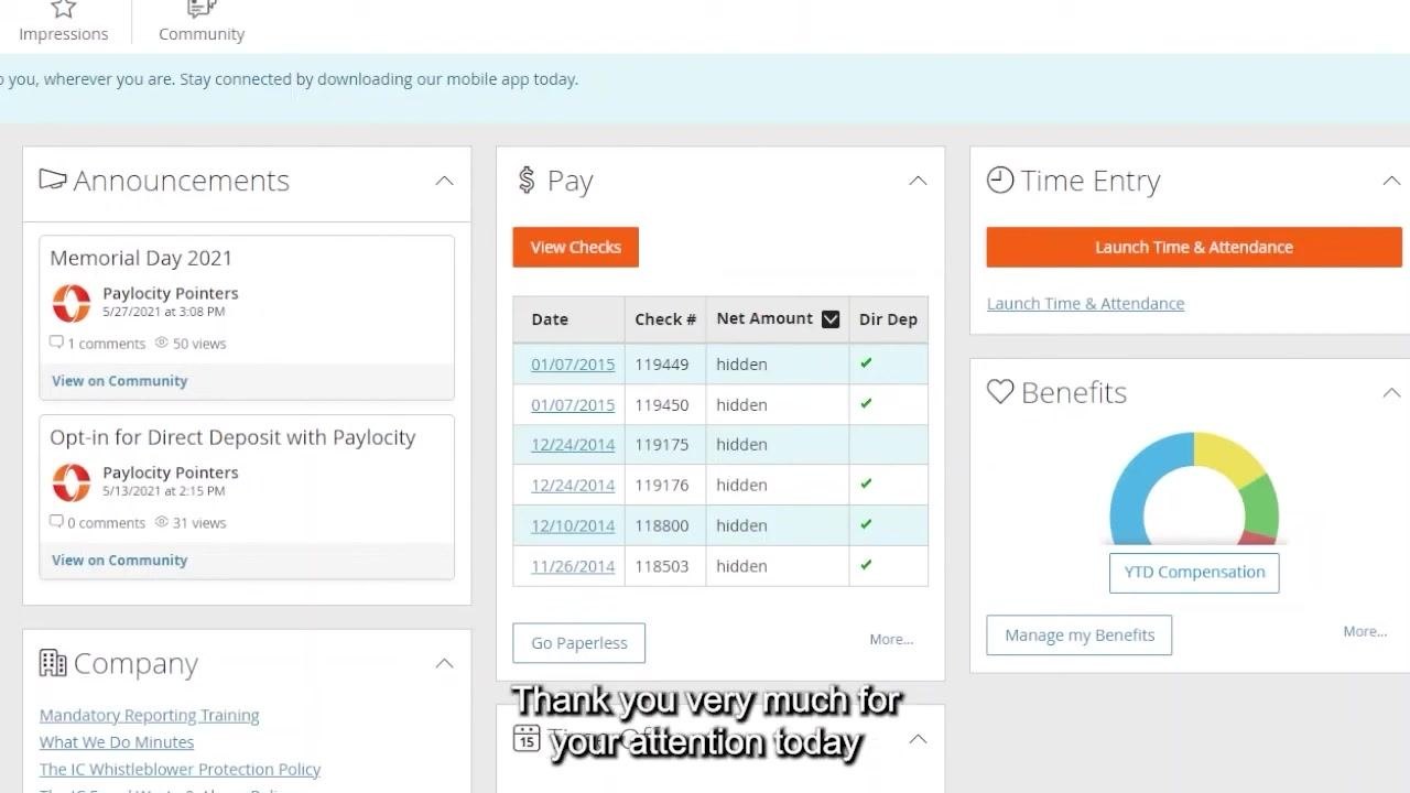 Paylocity Self Service Portal dashboard showing the Announcements, Pay, Time Entry, Benefits, and Company sections