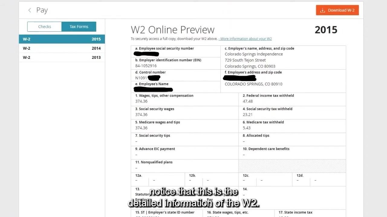 W-2 Online Preview for 2015 with employer and employee details, wages, and tax withholdings