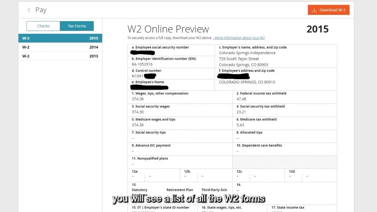 Paylocity W-2 Online Preview listing W-2 forms by year, with a detailed preview of the 2015 form on the right and the Download W-2 button in the top right corner
