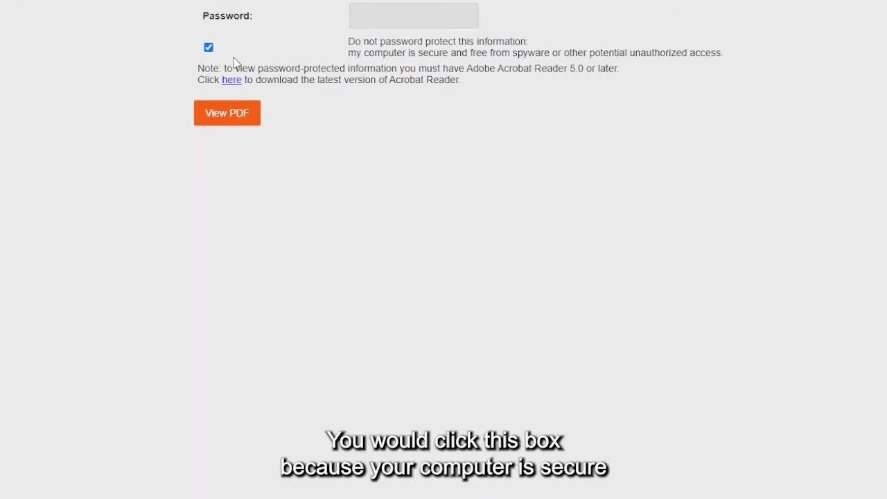 Password protection screen with the "do not password protect" checkbox checked and the View PDF button below