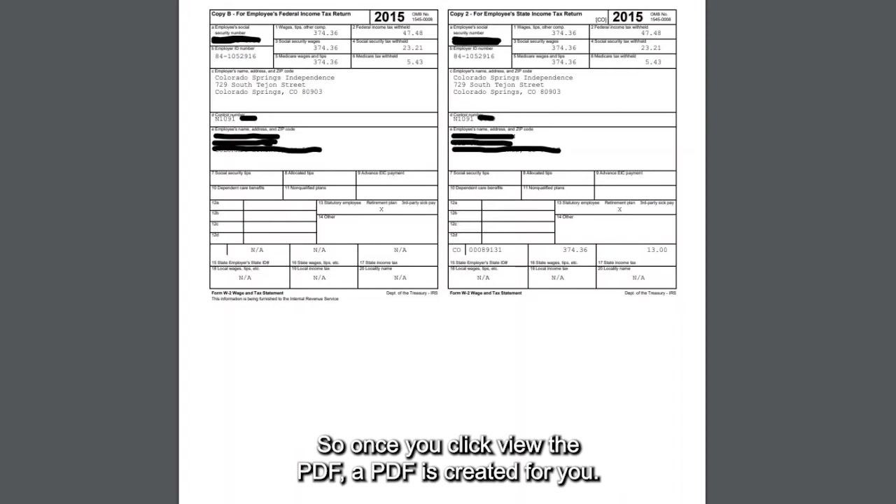 W-2 PDF document open, showing two copies of the 2015 W-2 form with all tax details visible