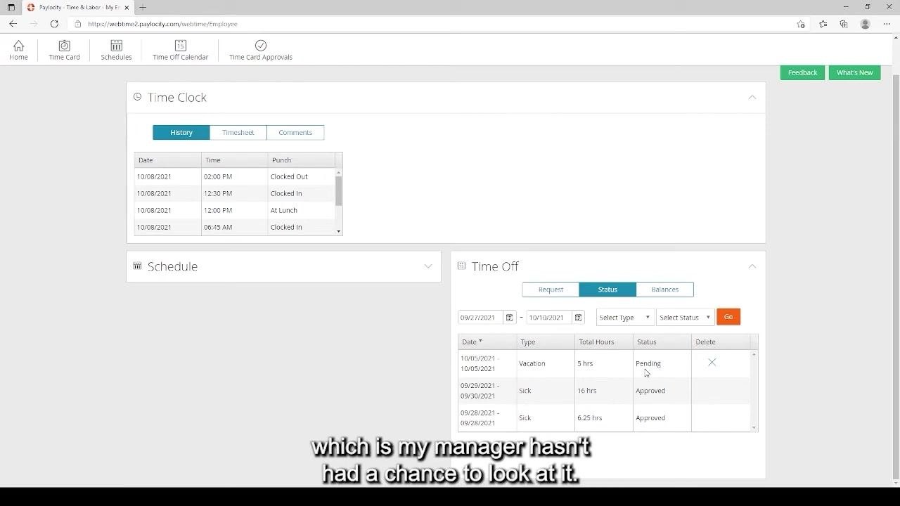Paylocity Time Off Status tab showing a pending vacation request and previously approved sick requests