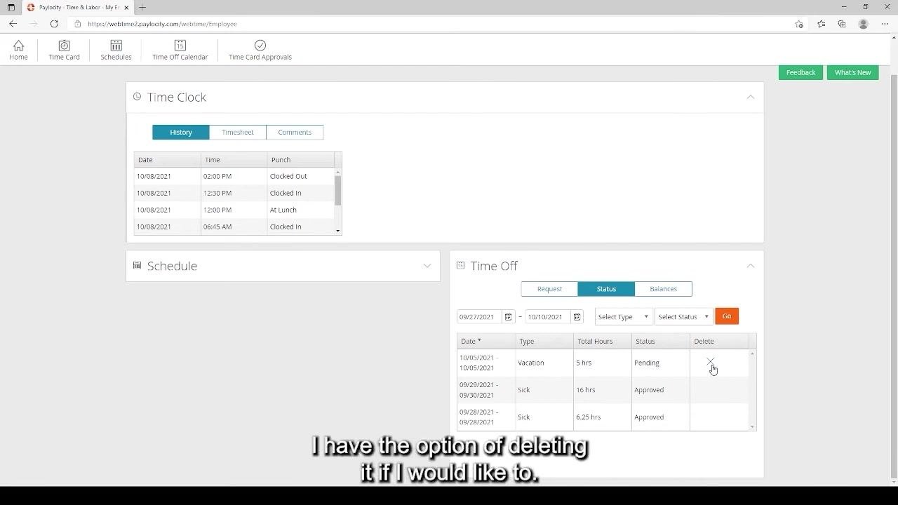 Paylocity Time Off Status tab with the delete (X) icon highlighted for a pending request