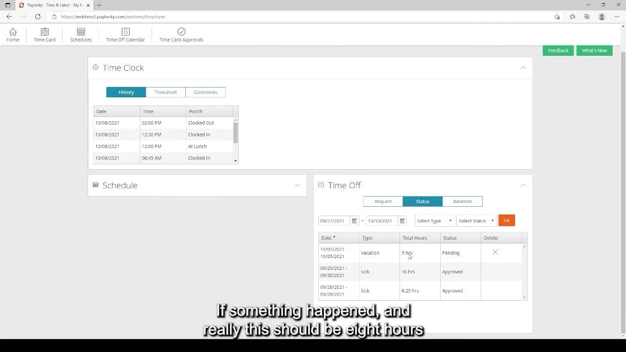 Paylocity Time Off Status tab showing a pending request with editable details