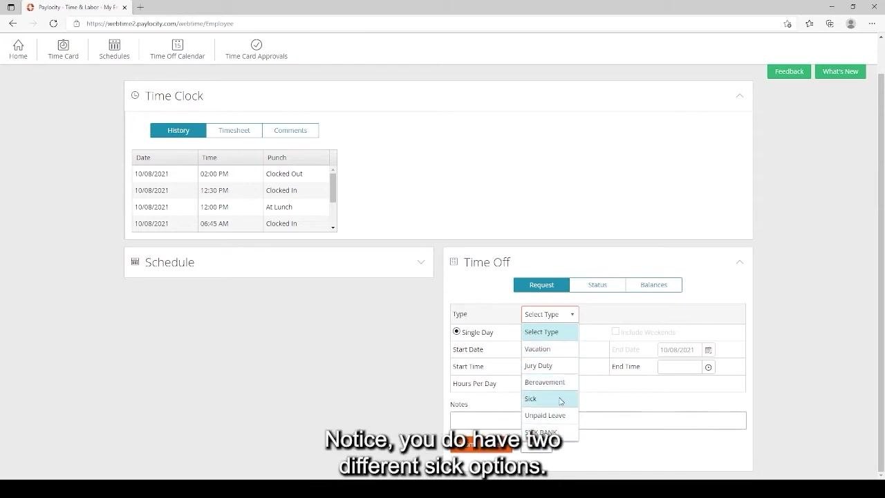 Paylocity Time Off Request form with the Select Type dropdown open, showing options including Sick and Sick Bank