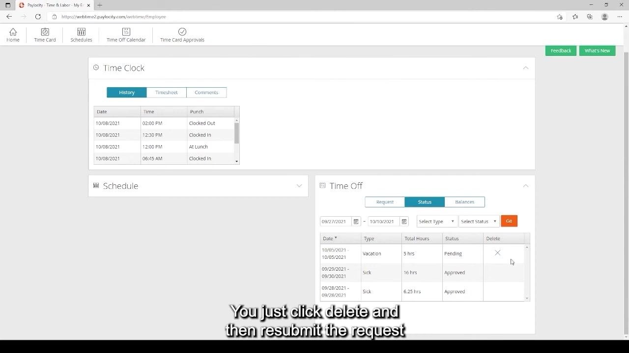 Time Off section with a pending vacation request and the delete (X) icon highlighted, cursor hovering over it, and visible time clock and schedule panels