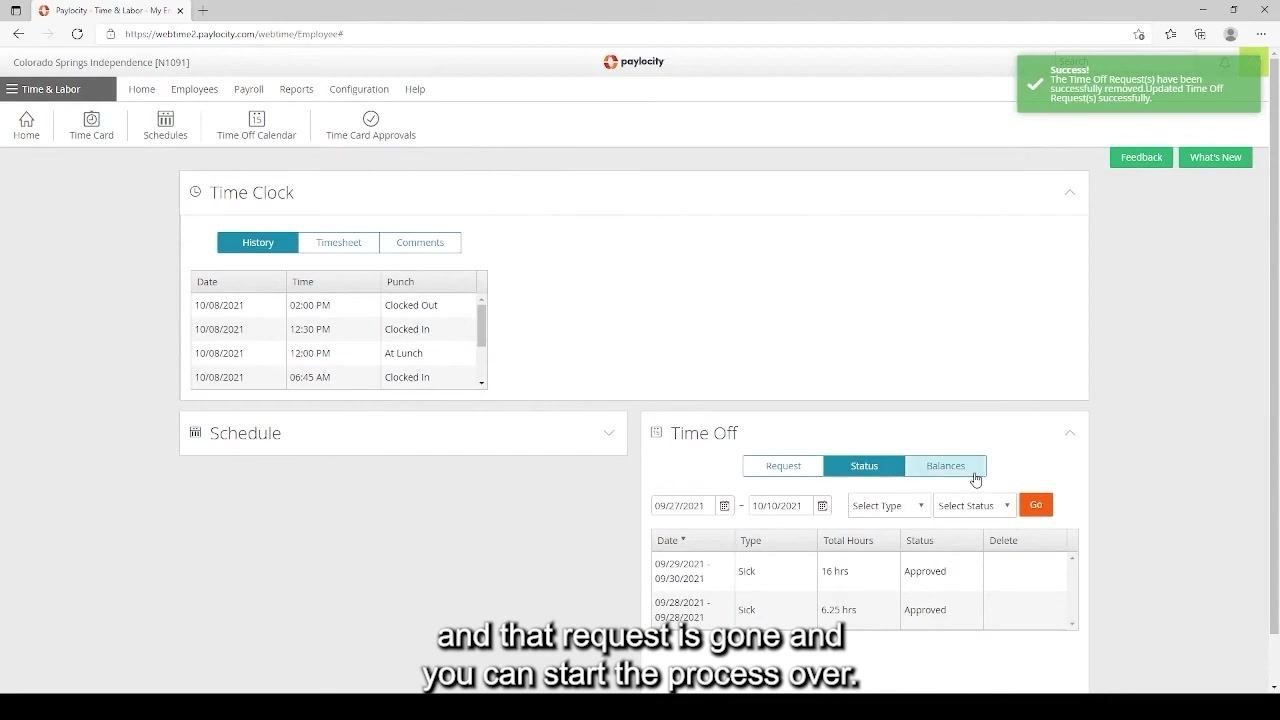 Success notification for deleted time off request, Time Off section with Status and Balances tabs, and updated request list