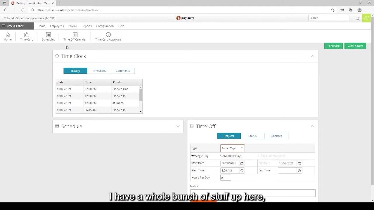 Paylocity Time and Labor area showing the Time Off request form with the Select Type dropdown highlighted