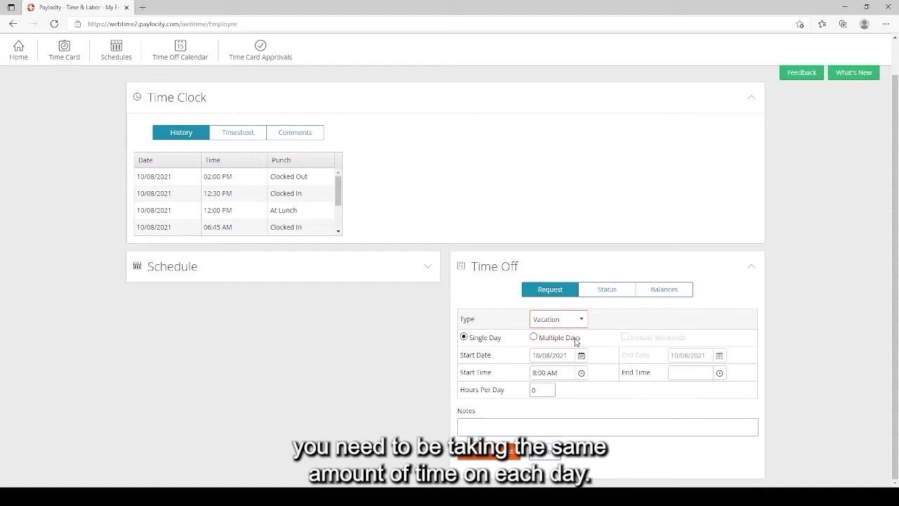 Time Off Request form with Vacation selected and both Single Day and Multiple Days options visible