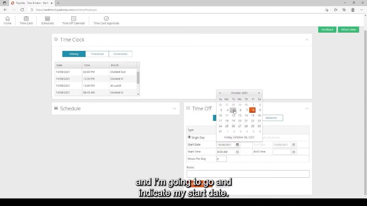 Time Off Request form with the calendar open to select a start date