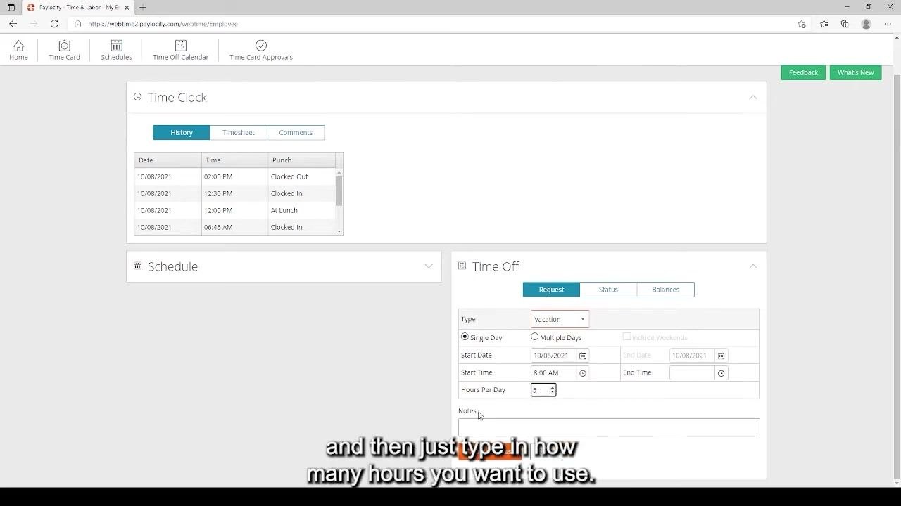 Time Off Request form with Vacation selected, Single Day chosen, Start Date set, and 5 hours entered