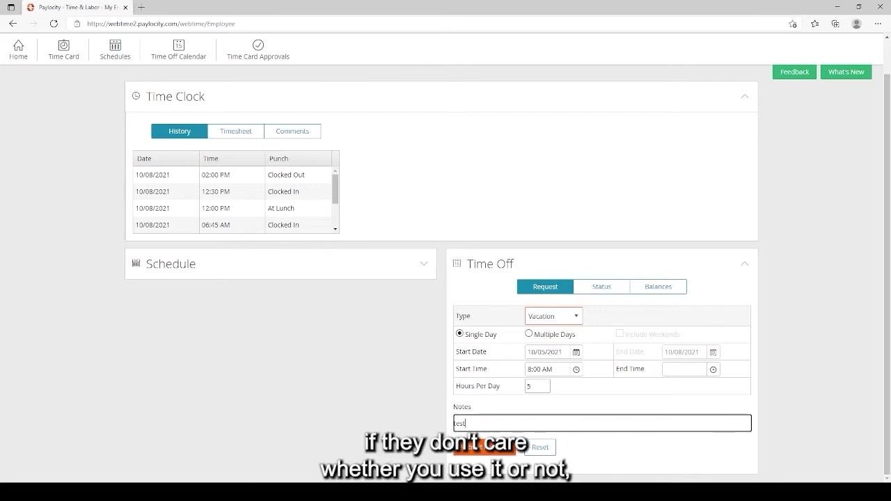 Paylocity Time Off Request form with the Notes field being filled in
