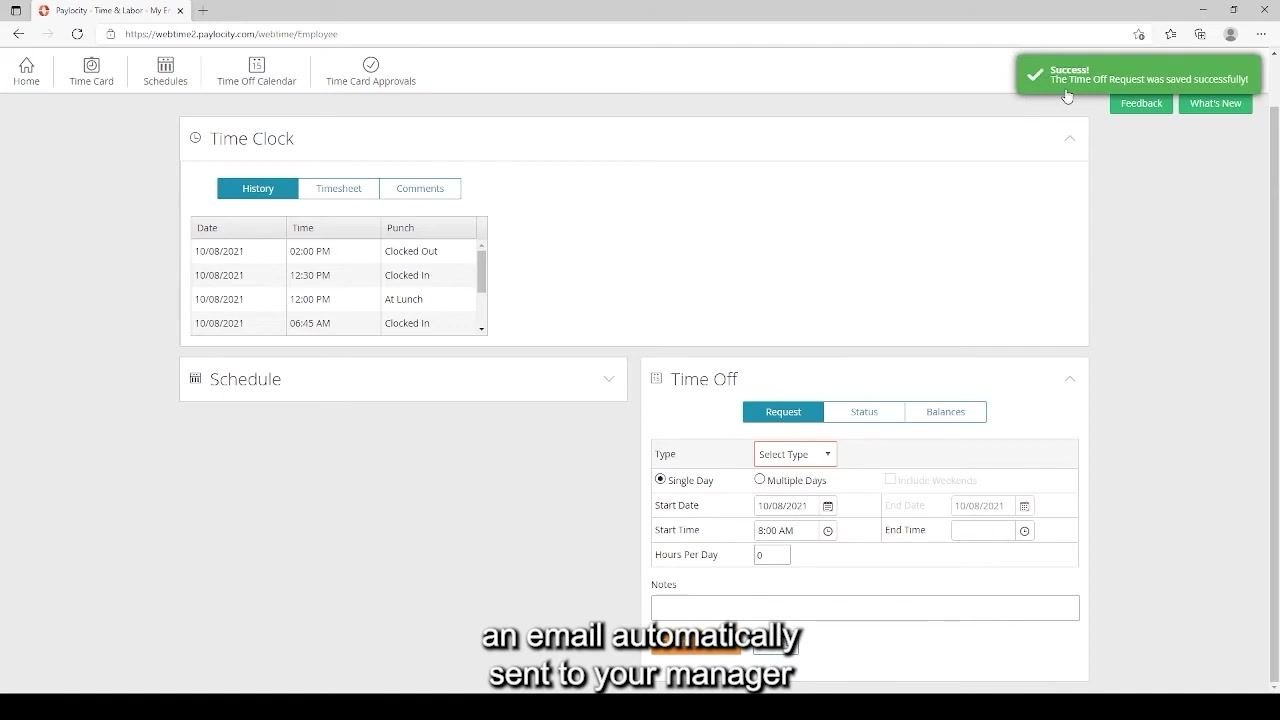 Paylocity Time Off Request form after clicking Submit Request, with a green success notification in the upper right corner