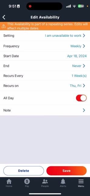 Set Availability screen with Recurs on set to Thu and Fri, All Day toggled on, and the Save button now enabled and highlighted in red.
