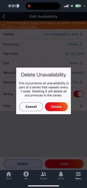 Delete Unavailability confirmation dialog over the Edit Availability screen. The dialog reads: "This occurrence of unavailability is part of a series that repeats every 1 week. Deleting it will delete all occurrences in the series." Buttons shown are Cancel and Delete, with Delete highlighted in red.