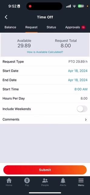 Time Off Request screen with all fields filled in and the Submit button visible at the bottom.