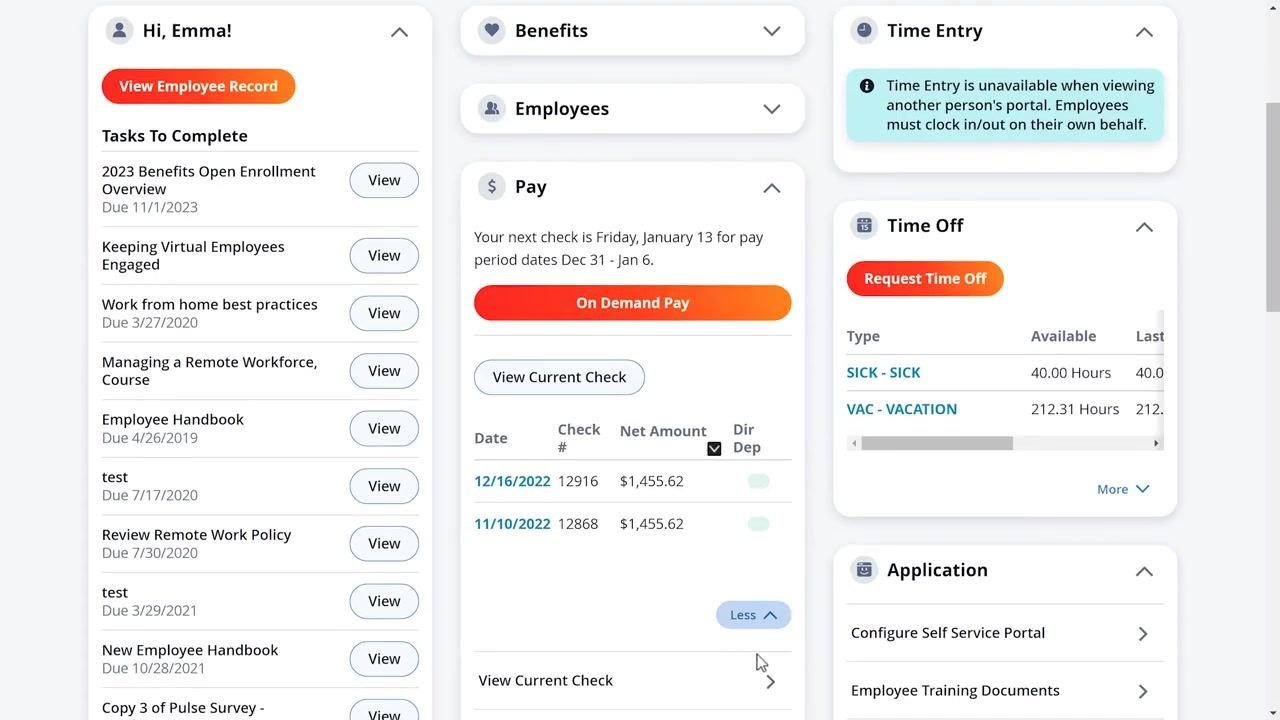 Paylocity dashboard with widgets for Company, Time Entry, Calendar, Pay, and Time Off