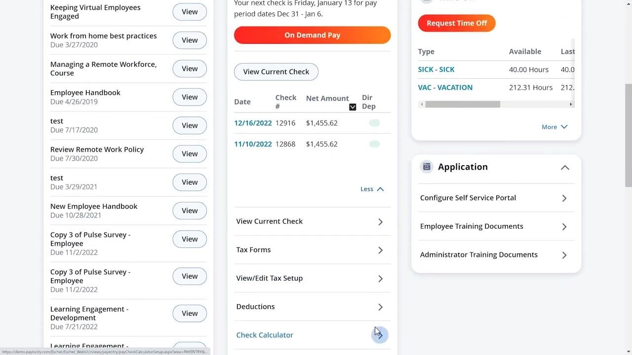 Pay card with options including "View Current Check," "Tax Forms," and "Check Calculator"