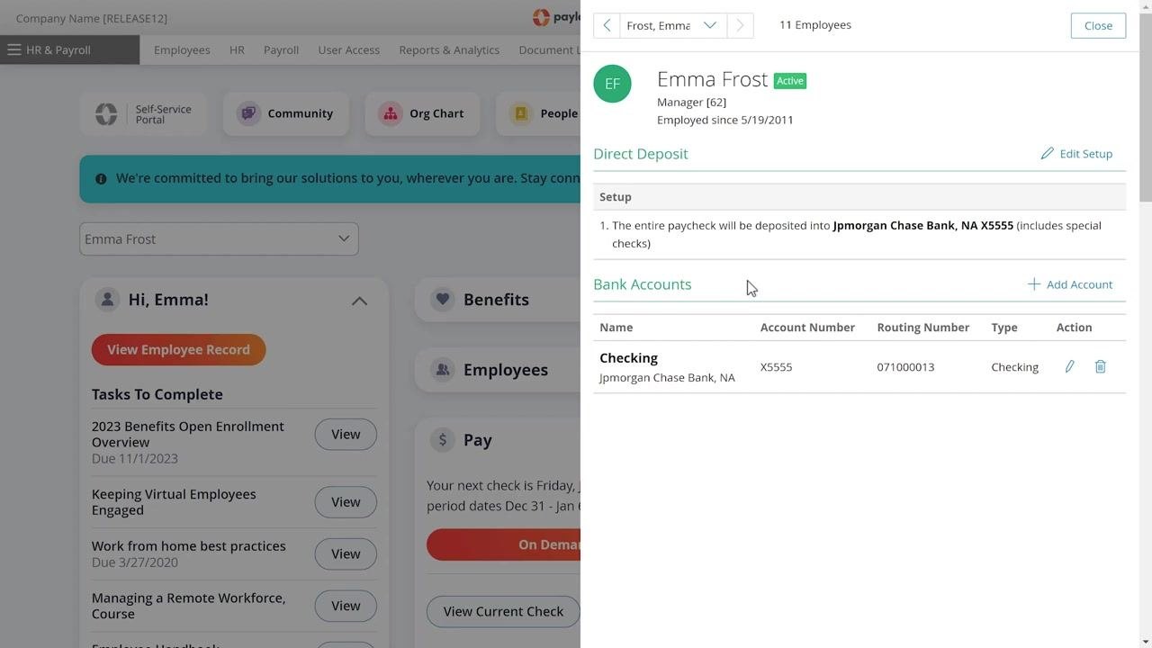 Add Bank Account form showing "Use for bonus and other special checks" toggle set to Yes