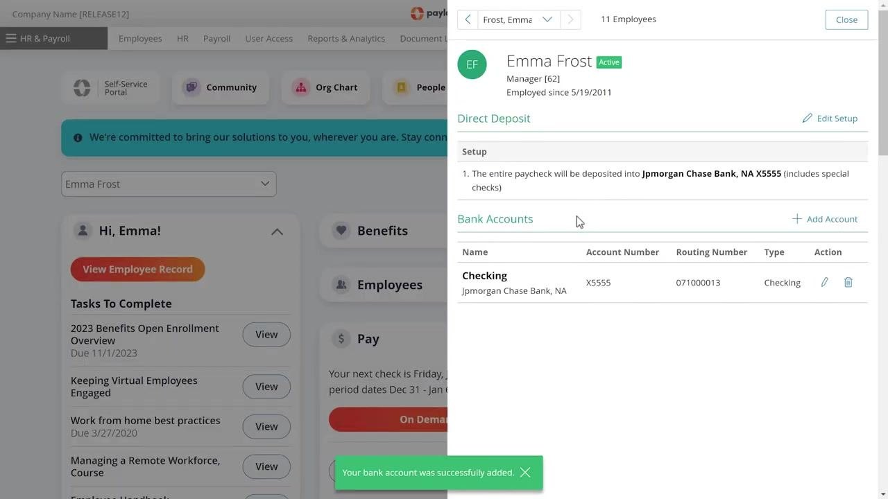 Direct Deposit setup screen showing main account and confirmation message