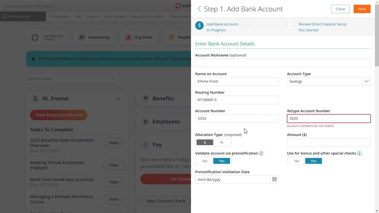 Add Bank Account form with Savings selected, account numbers entered, and allocation type options