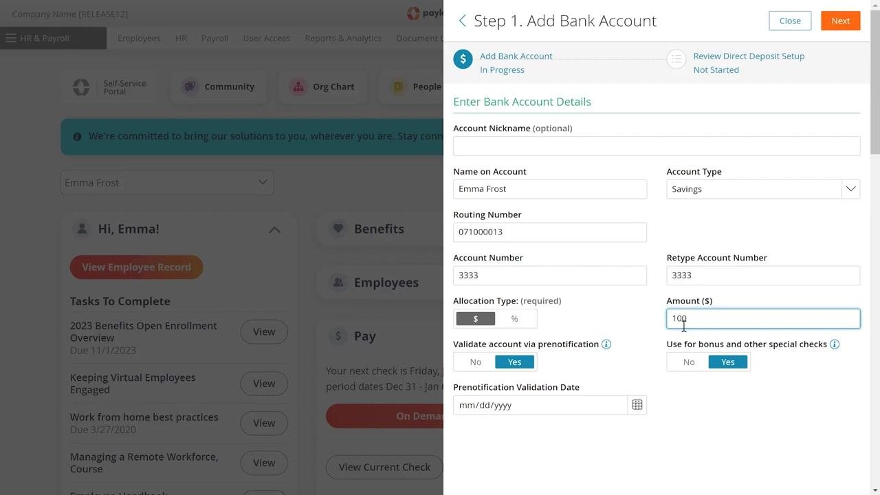 Add Bank Account form with $100 entered in Amount field