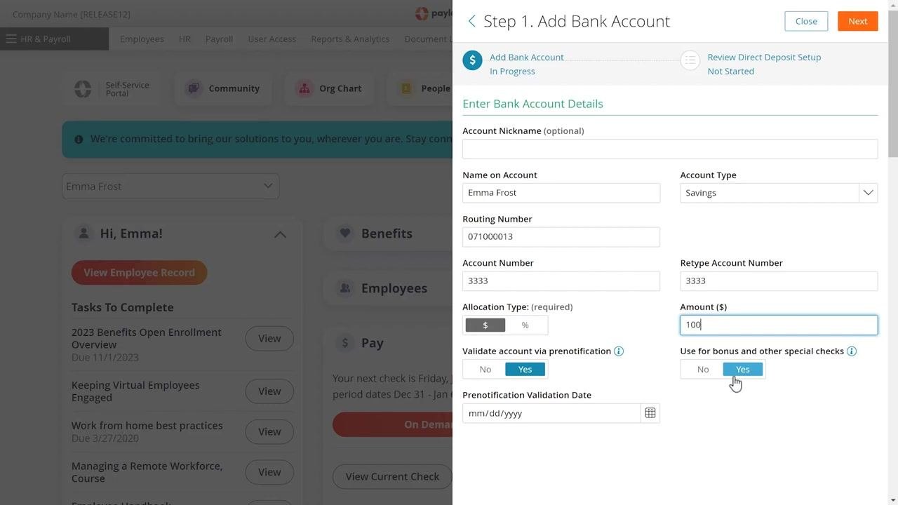 Add Bank Account form with $100 allocation and special checks toggle highlighted