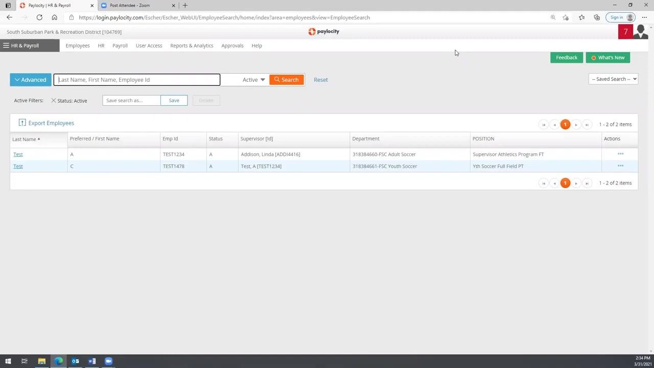 Paylocity Employee Search screen showing the employee list with columns for Last Name, Preferred/First Name, Emp ID, Status, Supervisor, Department, Position, and Actions