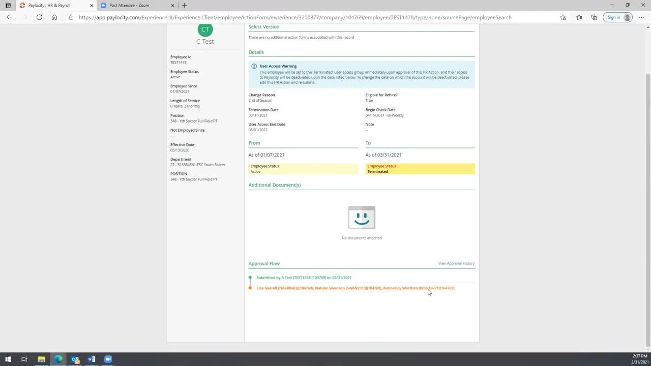Final approval flow and employee status change summary, showing no documents attached and approval routing