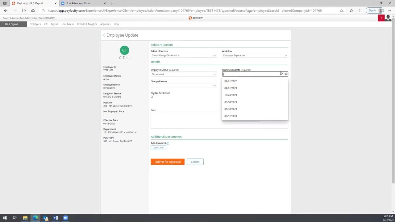 Termination Date dropdown open, showing date options including 03/31/2021