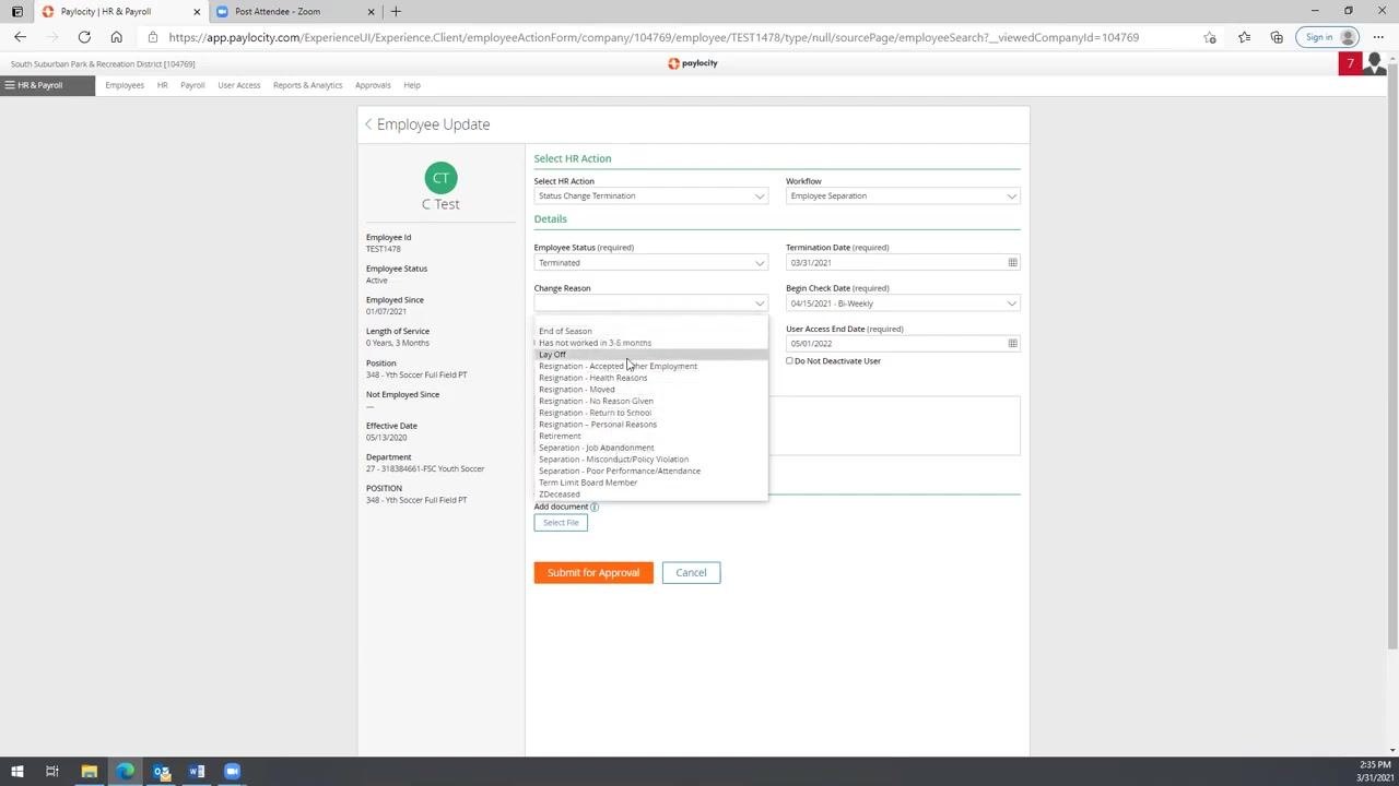Employee Update form with all fields filled, showing auto-populated Begin Check Date and User Access End Date