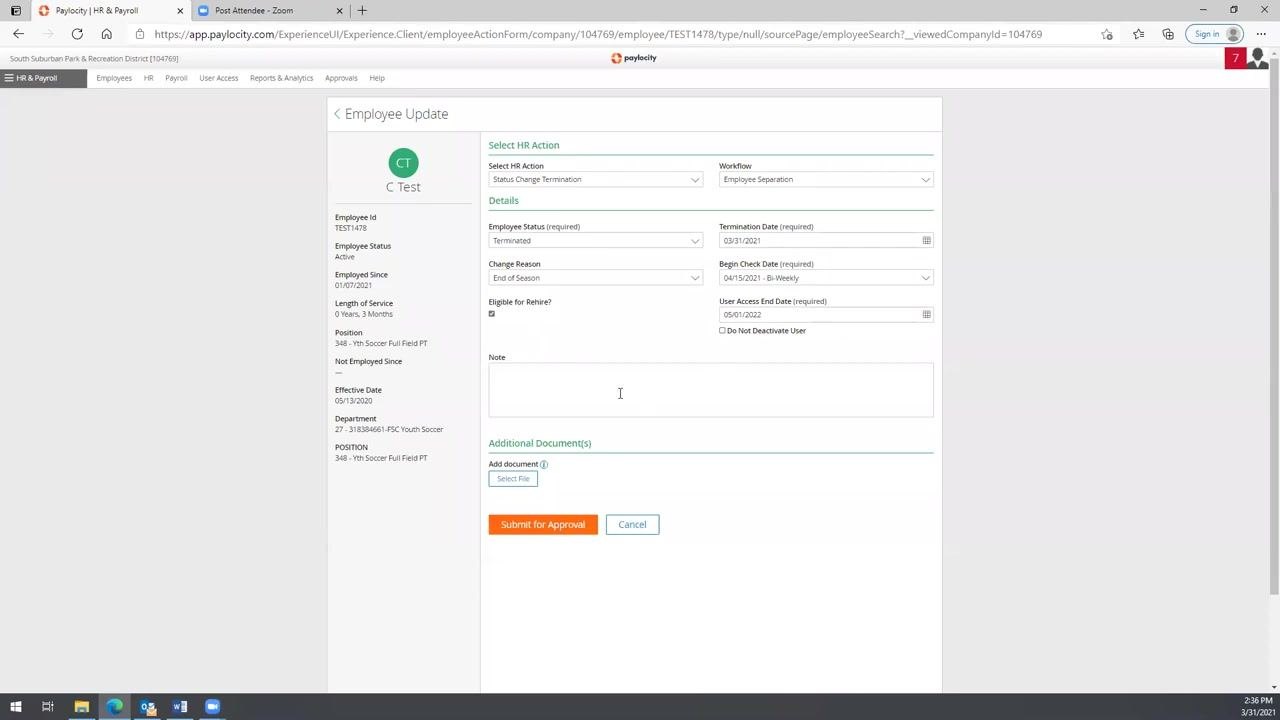 Employee Update form with "Eligible for Rehire?" checkbox and note field visible