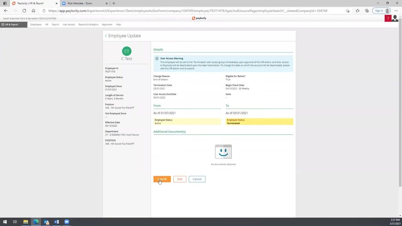 Employee Update summary screen with Submit, Edit, and Cancel buttons, showing all entered details and approval flow