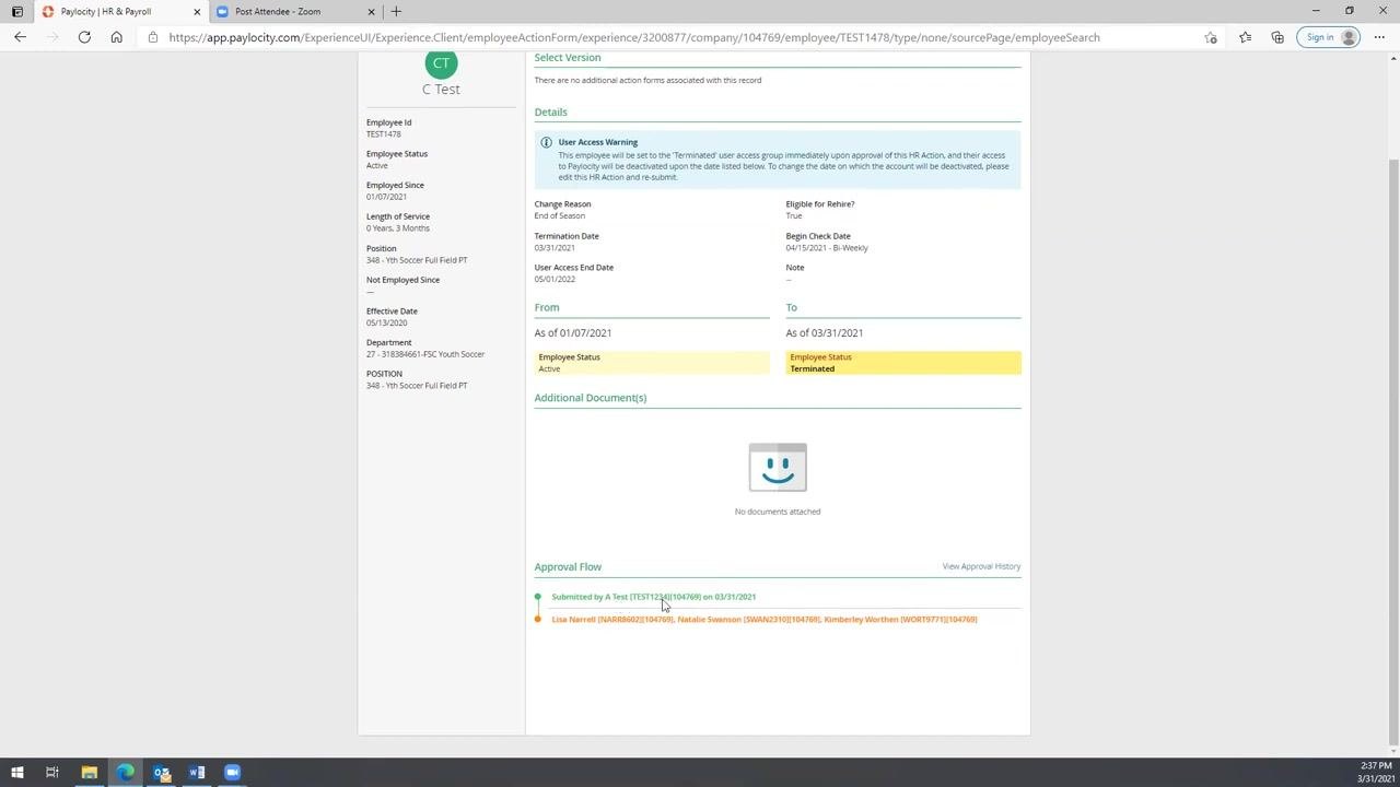 Approval flow showing submission by supervisor and pending HR approval, with all separation details visible