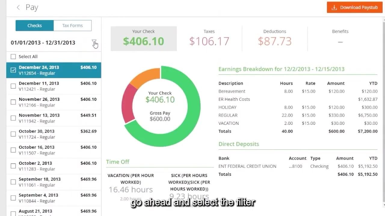 Paylocity pay details screen with the filter option visible, showing the list of checks and pay details.