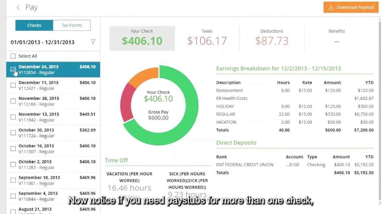 Paylocity pay details screen with two checks selected, showing combined totals and a Download Summary button instead of Download Paystub.