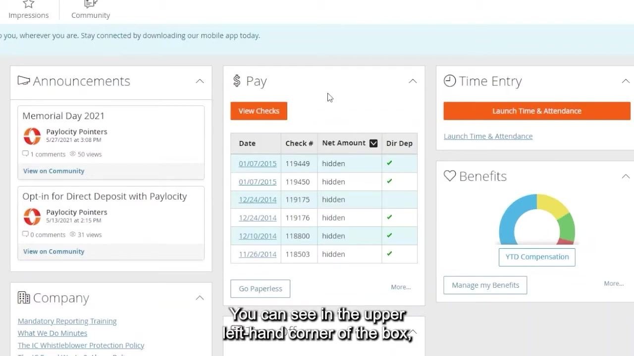 Paylocity dashboard with three columns: Announcements, Pay (with View Checks button and list of checks), Time Entry, and Benefits. The Pay box is highlighted as the focus area.